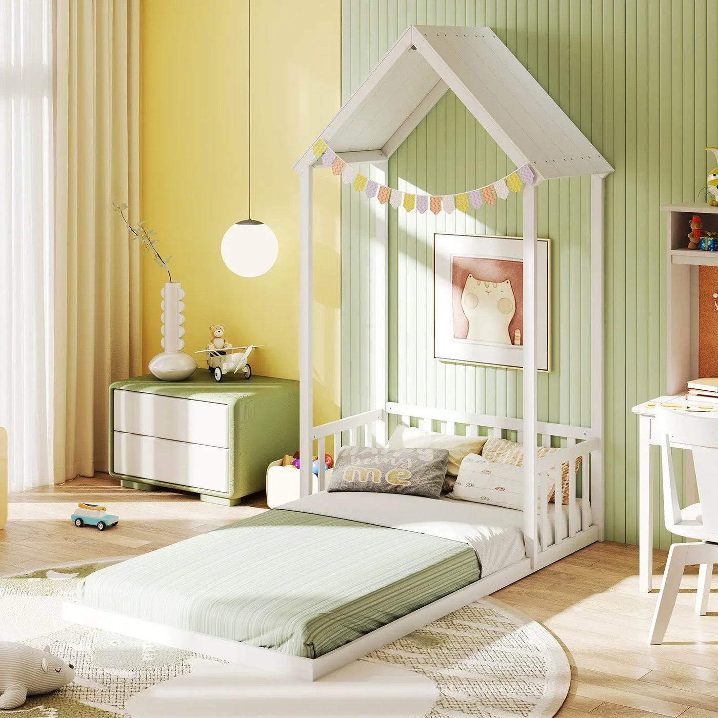 Twin Size House Bed with House Shape Roof and Semi-Fence by DirectDeals