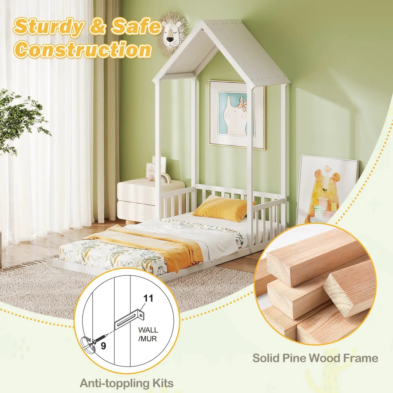 Twin Size House Bed with House Shape Roof and Semi-Fence by DirectDeals