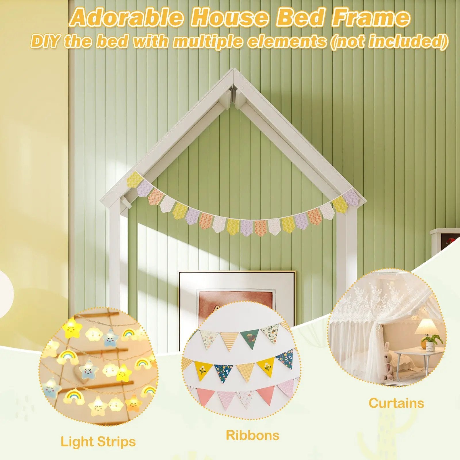 Twin Size House Bed with House Shape Roof and Semi-Fence by DirectDeals