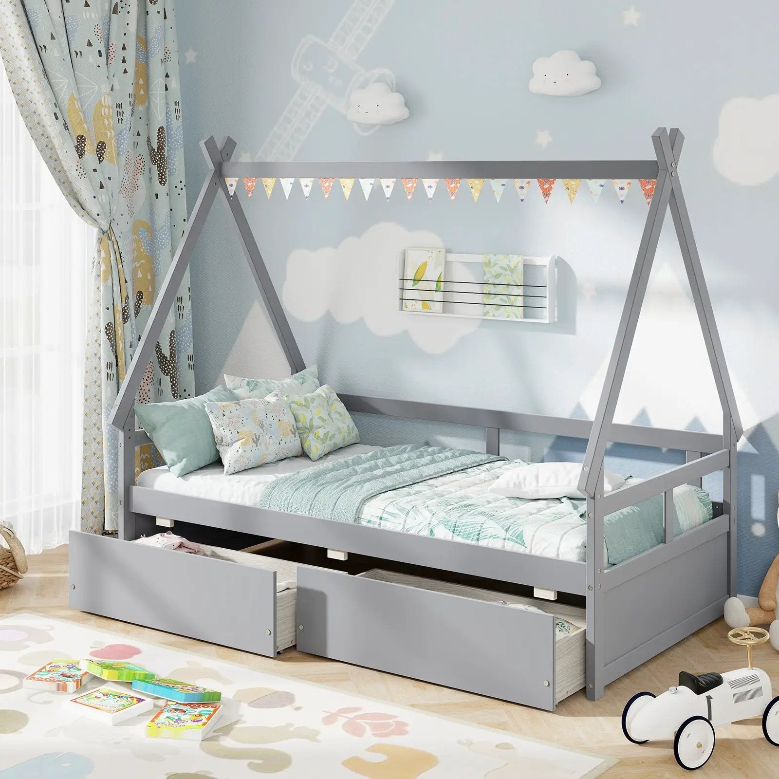 Twin Size House Bed with Roof and Safety Guardrail by DirectDeals