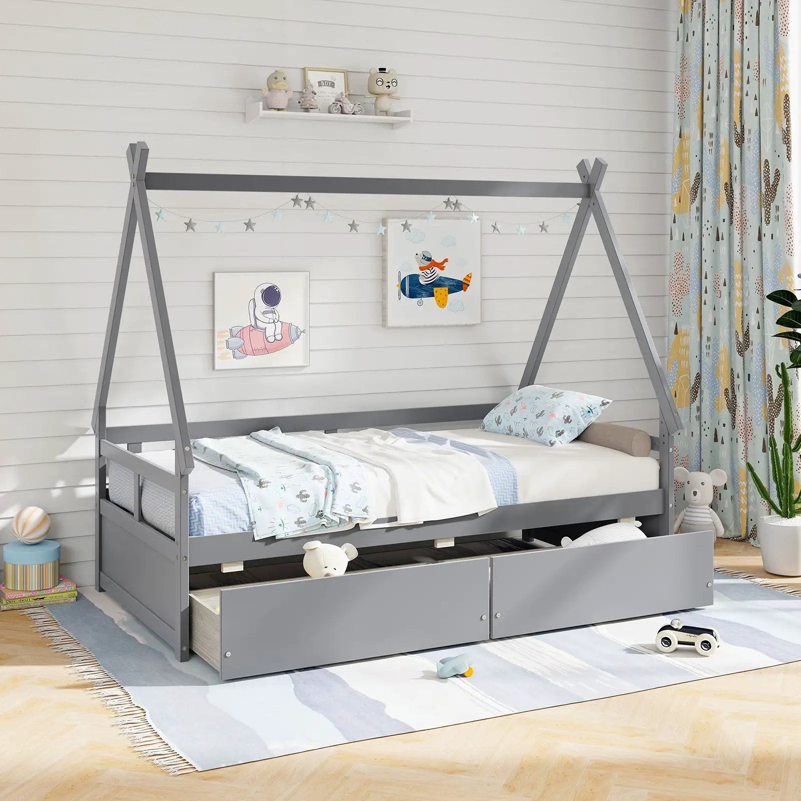Twin Size House Bed with Roof and Safety Guardrail by DirectDeals