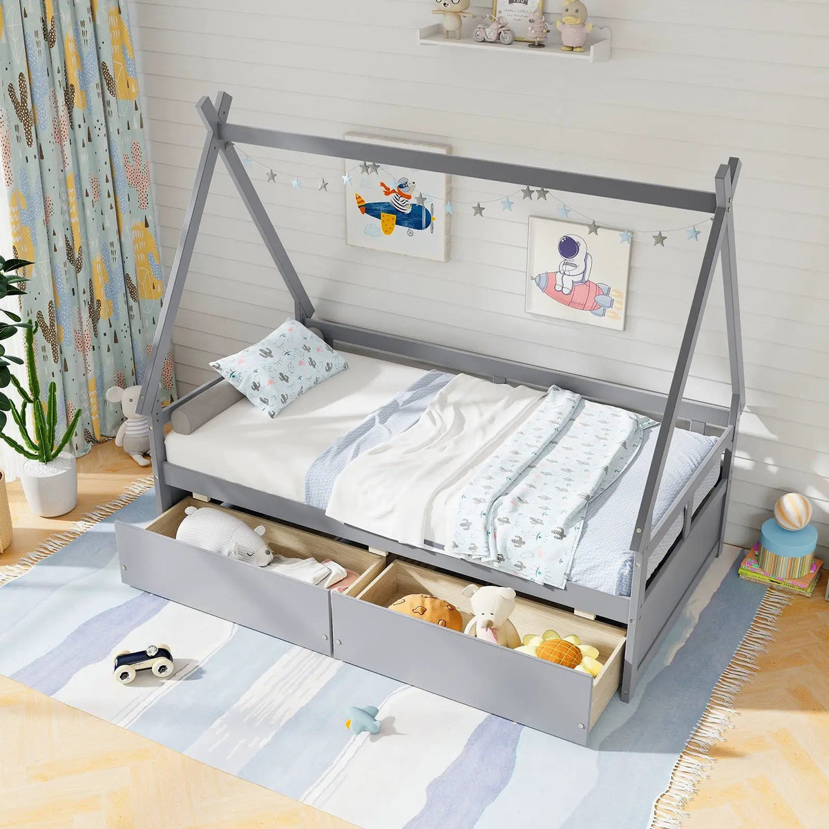 Twin Size House Bed with Roof and Safety Guardrail by DirectDeals
