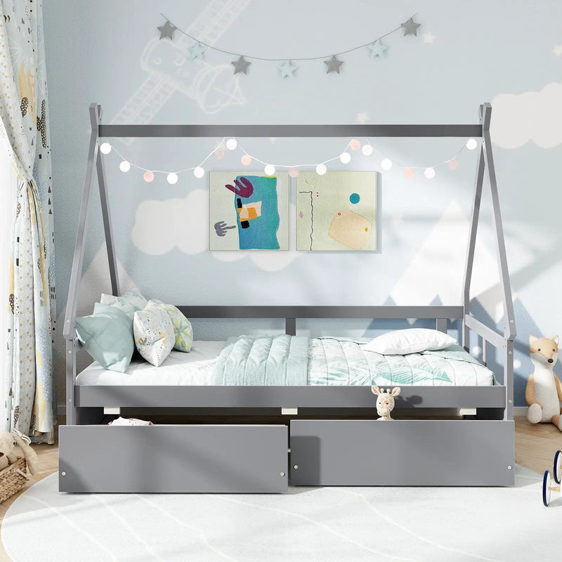 Twin Size House Bed with Roof and Safety Guardrail by DirectDeals