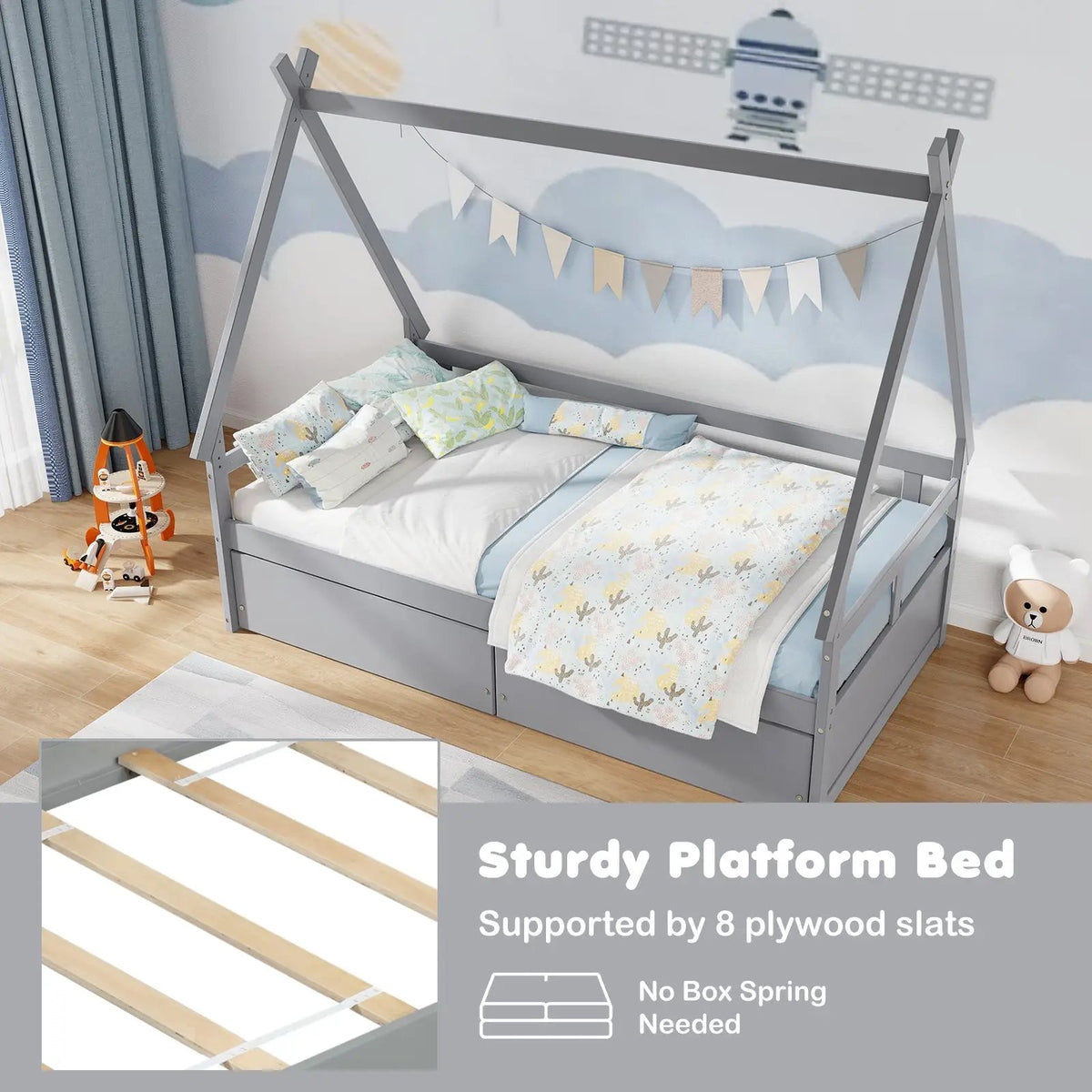Twin Size House Bed with Roof and Safety Guardrail by DirectDeals