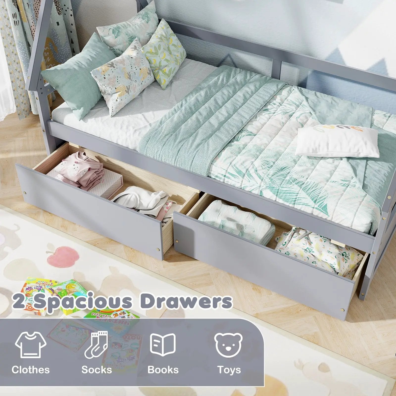 Twin Size House Bed with Roof and Safety Guardrail by DirectDeals
