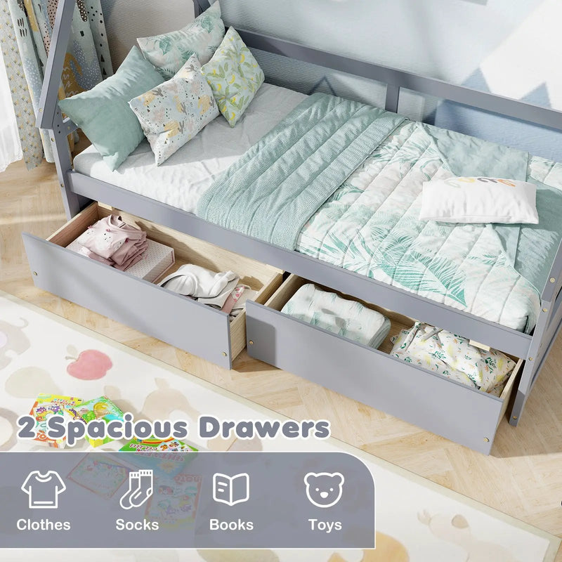 Twin Size House Bed with Roof and Safety Guardrail by DirectDeals