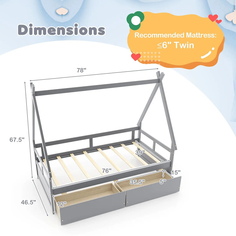 Twin Size House Bed with Roof and Safety Guardrail by DirectDeals