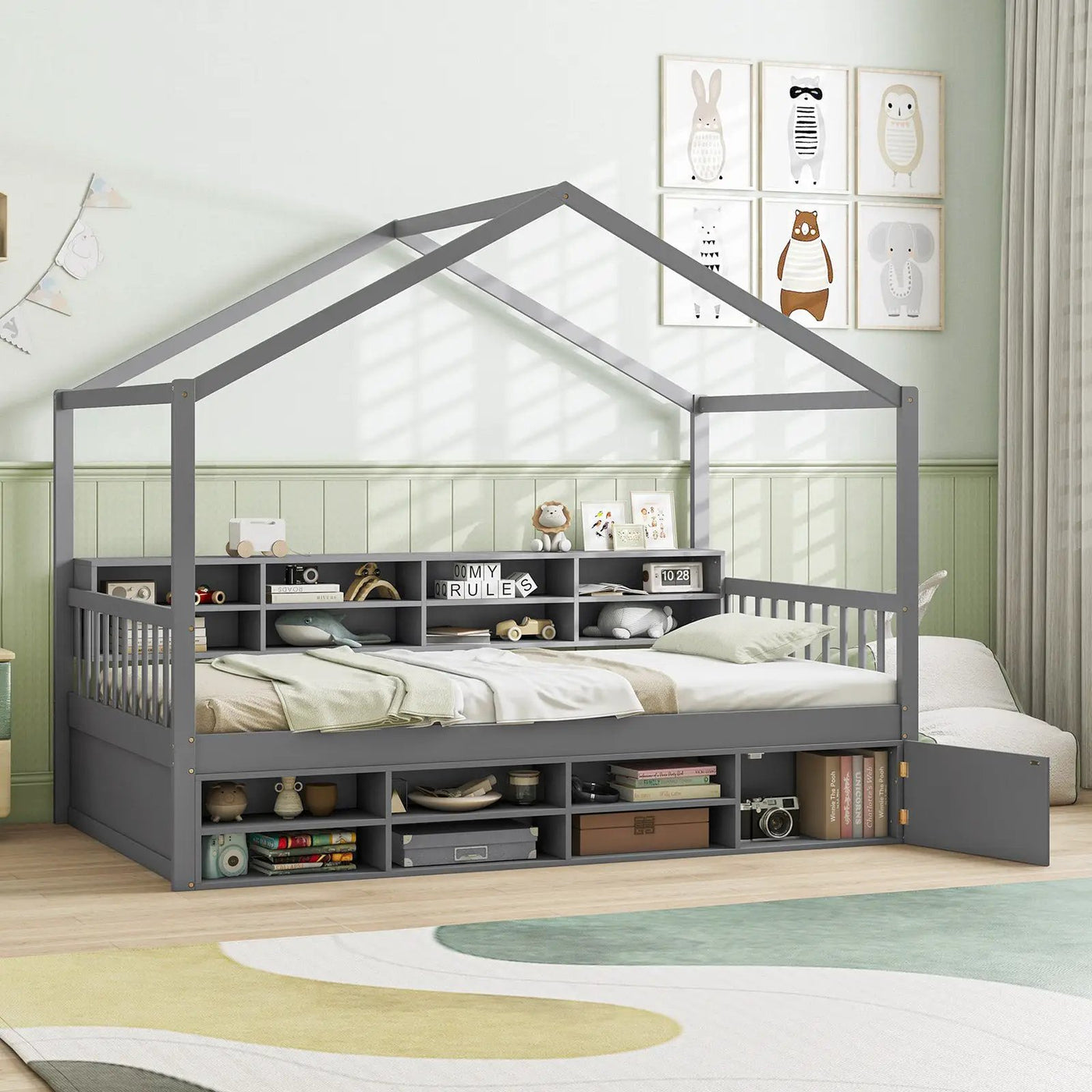 Twin Size House Bed with Roof with 14 Storage Cubes and Enclosed Cabinet by DirectDeals