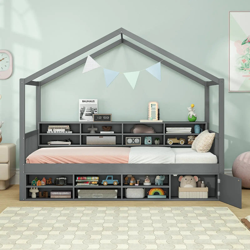 Twin Size House Bed with Roof with 14 Storage Cubes and Enclosed Cabinet by DirectDeals