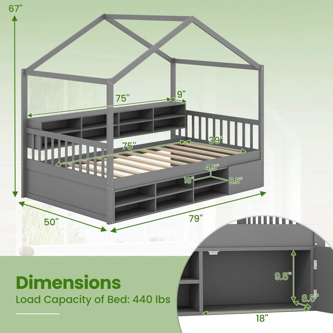 Twin Size House Bed with Roof with 14 Storage Cubes and Enclosed Cabinet by DirectDeals