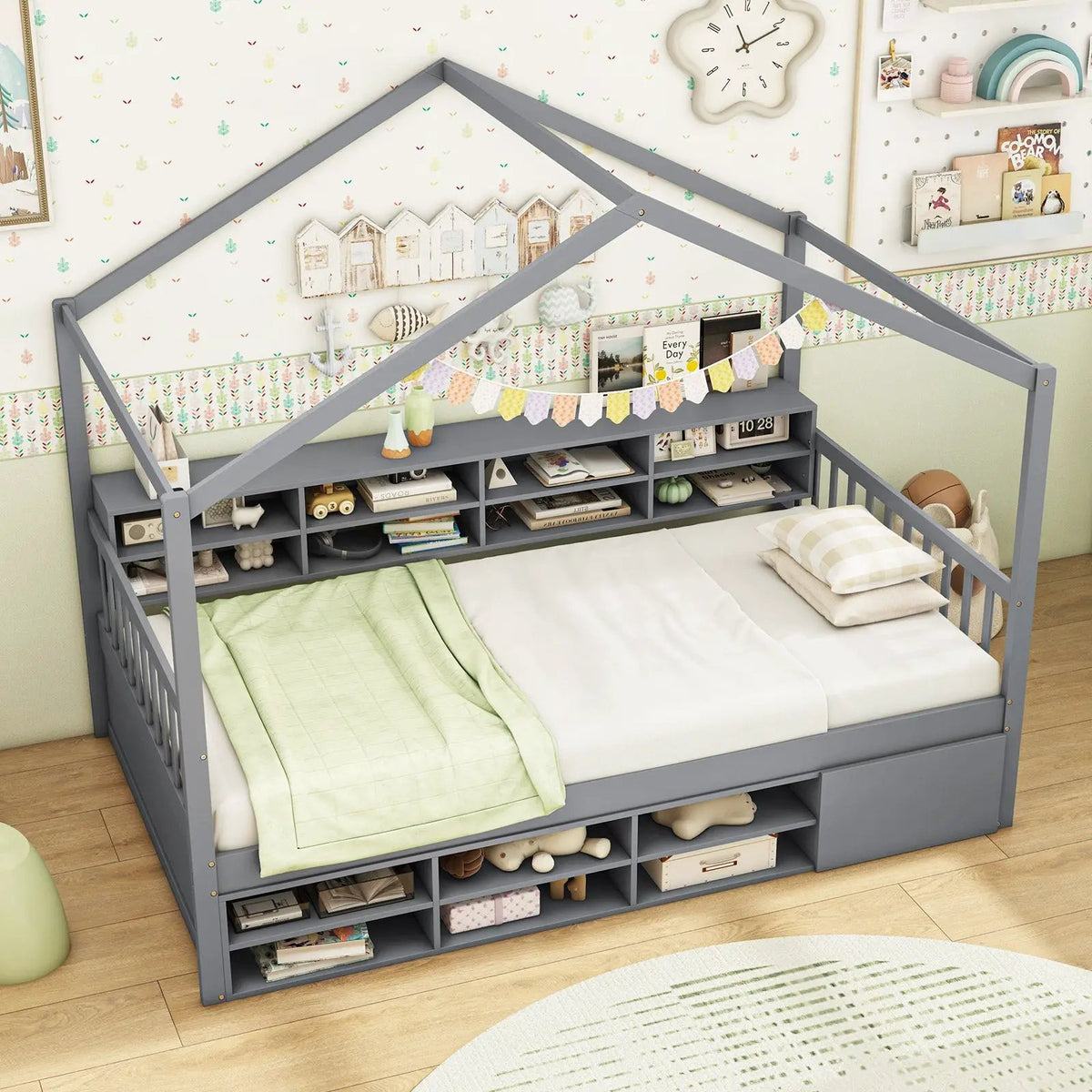 Twin Size House Bed with Roof with 14 Storage Cubes and Enclosed Cabinet by DirectDeals