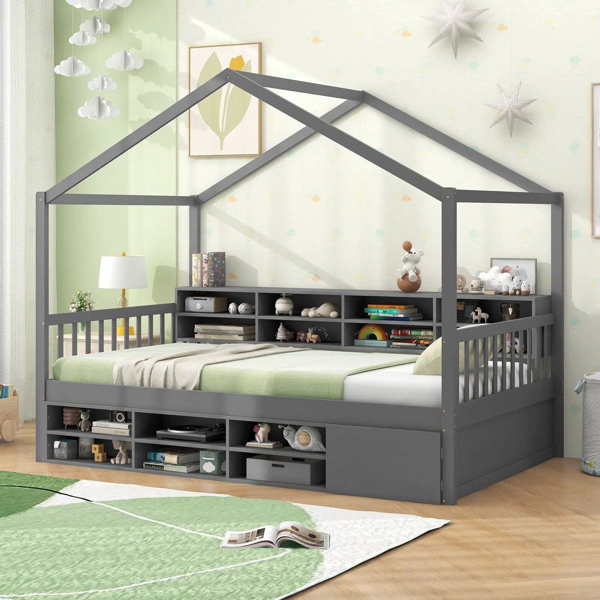 Twin Size House Bed with Roof with 14 Storage Cubes and Enclosed Cabinet by DirectDeals