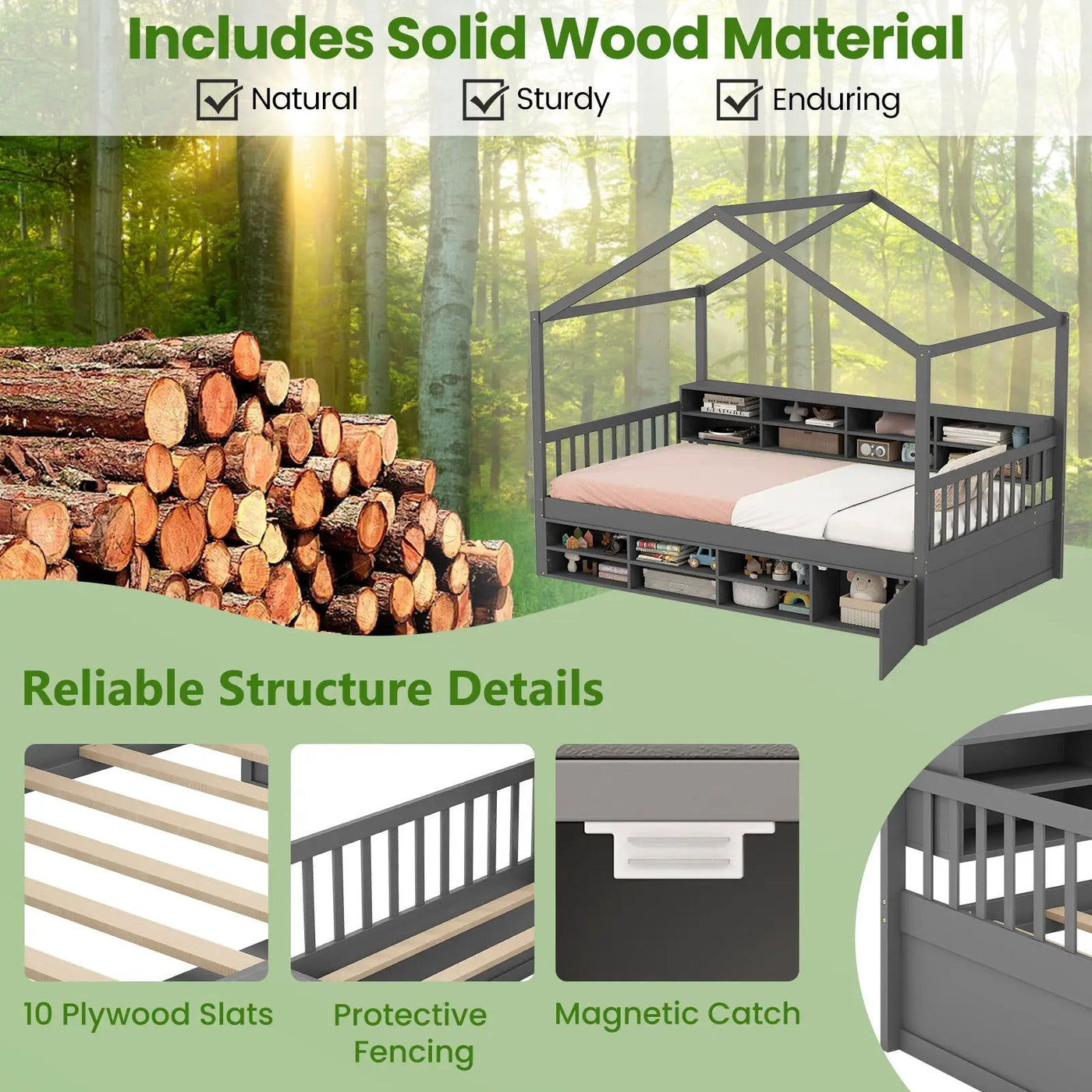 Twin Size House Bed with Roof with 14 Storage Cubes and Enclosed Cabinet by DirectDeals