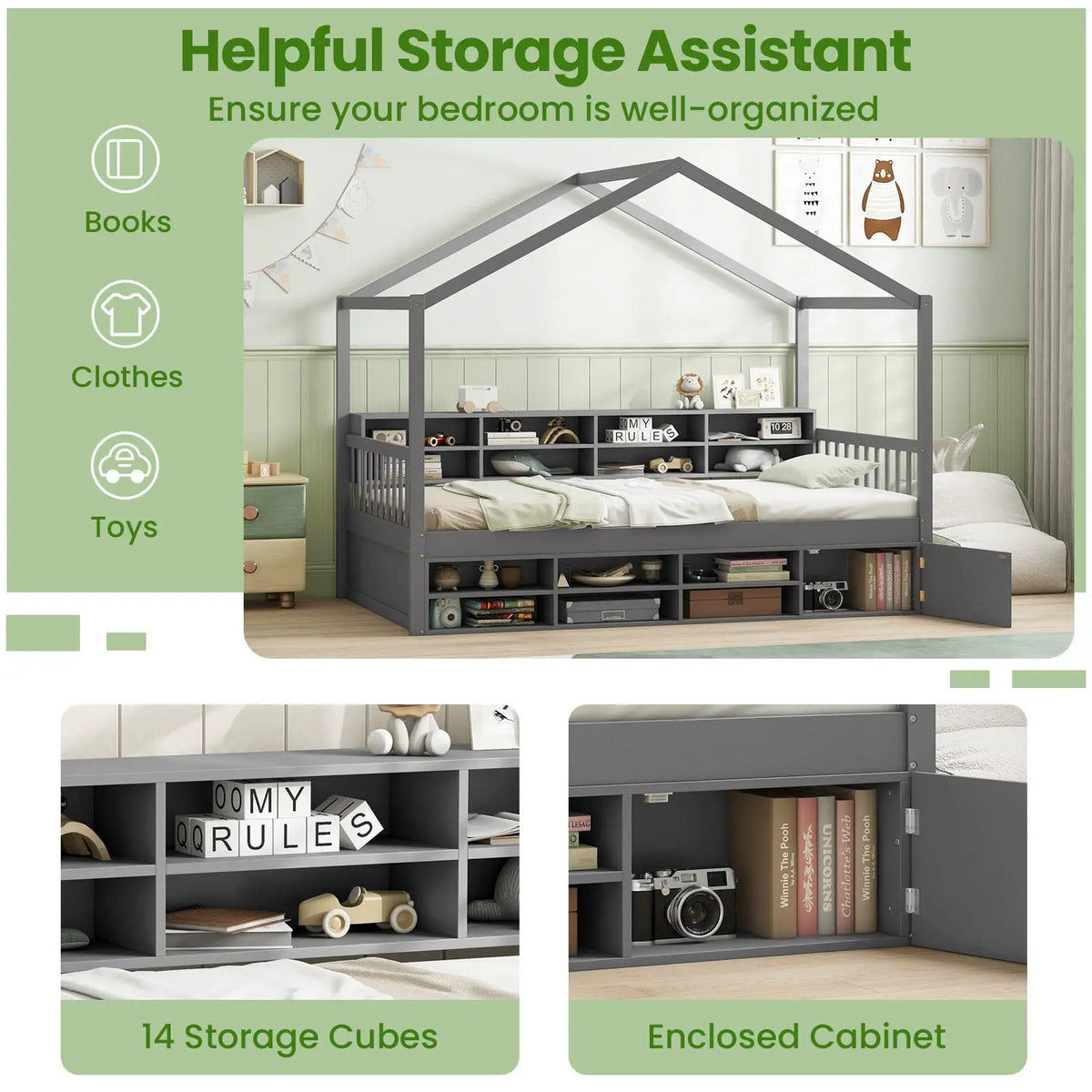 Twin Size House Bed with Roof with 14 Storage Cubes and Enclosed Cabinet by DirectDeals