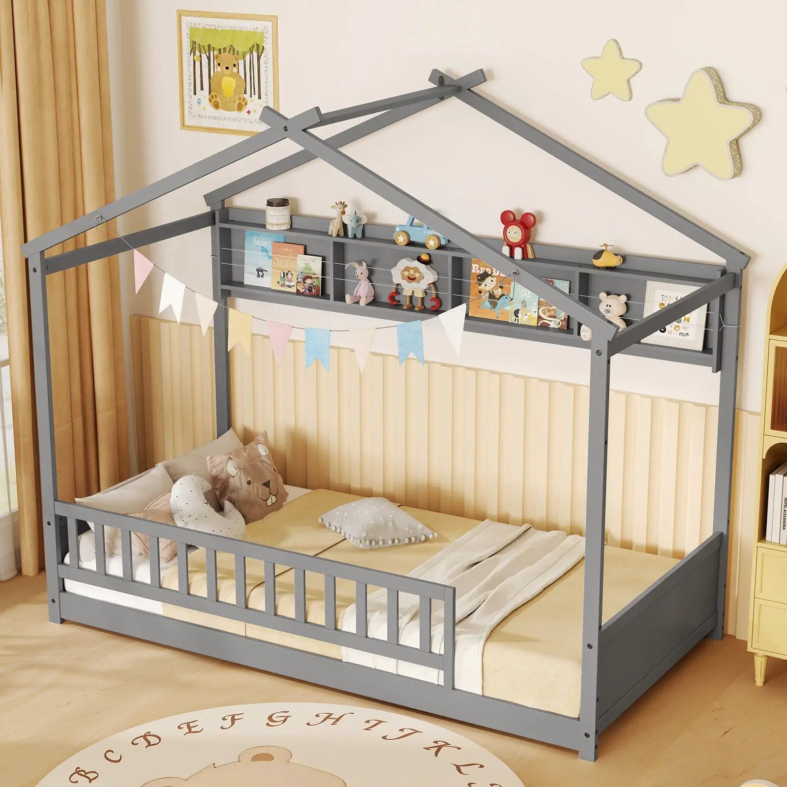 Twin Size House Bed with Storage Shelf and Headboard by DirectDeals