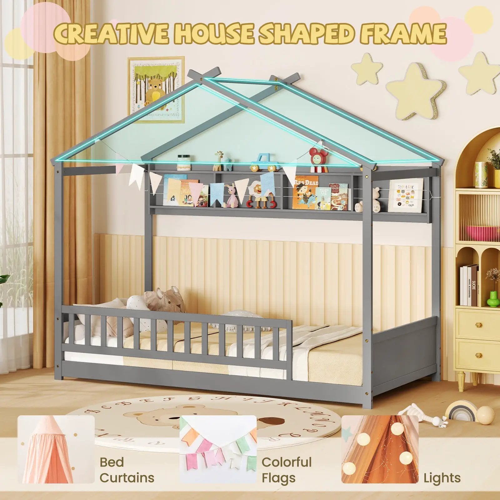 Twin Size House Bed with Storage Shelf and Headboard by DirectDeals