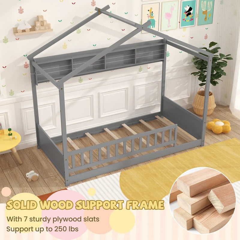 Twin Size House Bed with Storage Shelf and Headboard by DirectDeals