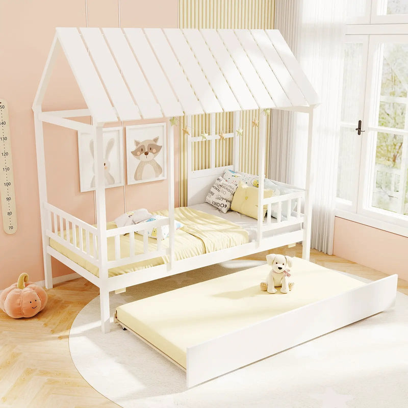 Twin Size House Bed with Trundle Kids Platform Bed with Roof Window-White by DirectDeals