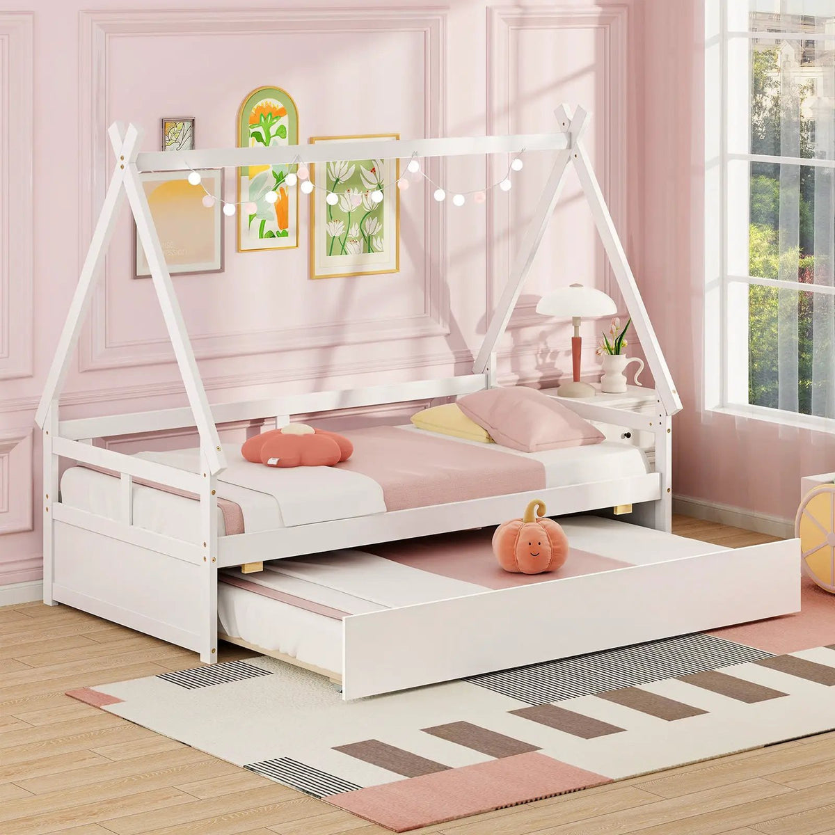 Twin Size House Bed with Trundle and Safety Guardrail by DirectDeals