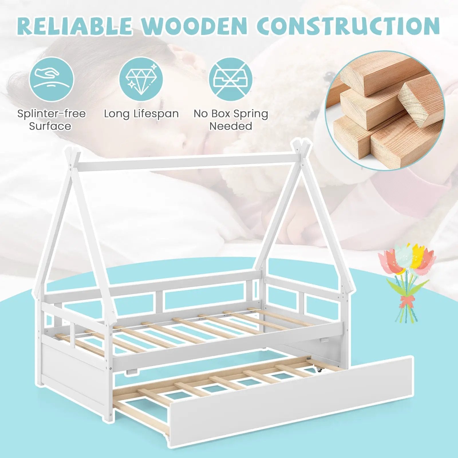 Twin Size House Bed with Trundle and Safety Guardrail by DirectDeals