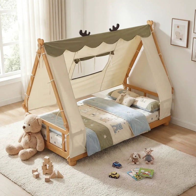 Twin Size House Floor Wood Bed with Tent by DirectDeals