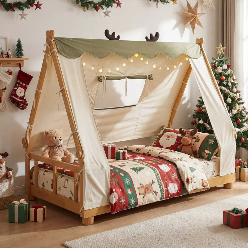 Twin Size House Floor Wood Bed with Tent by DirectDeals