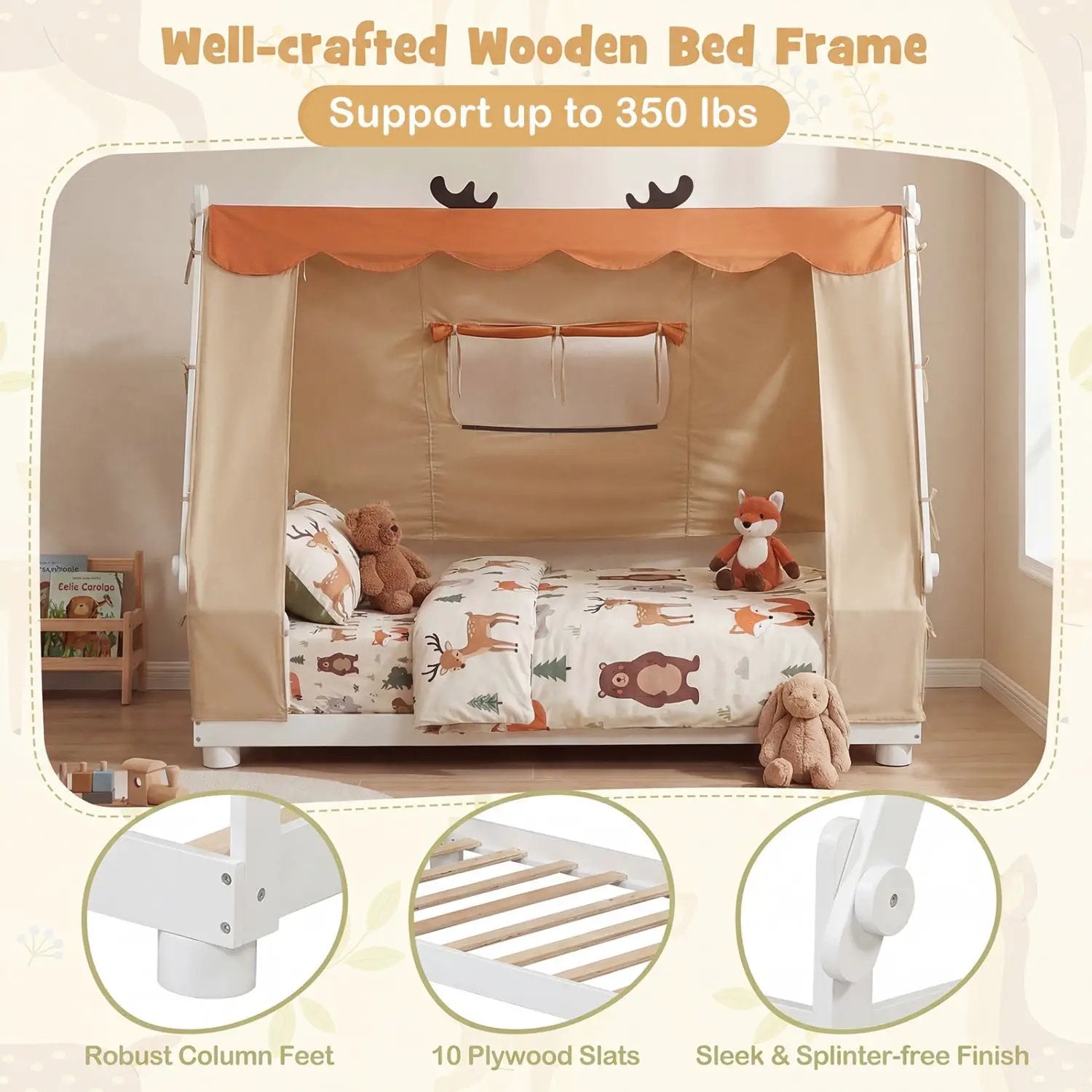 Twin Size House Floor Wood Bed with Tent by DirectDeals