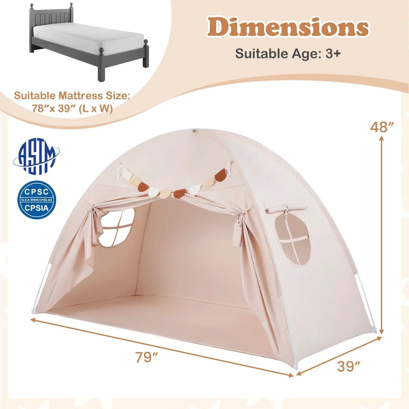 Twin Size Indoor Canopy Tent for Kids with 2 Window and Suits 3+ by DirectDeals