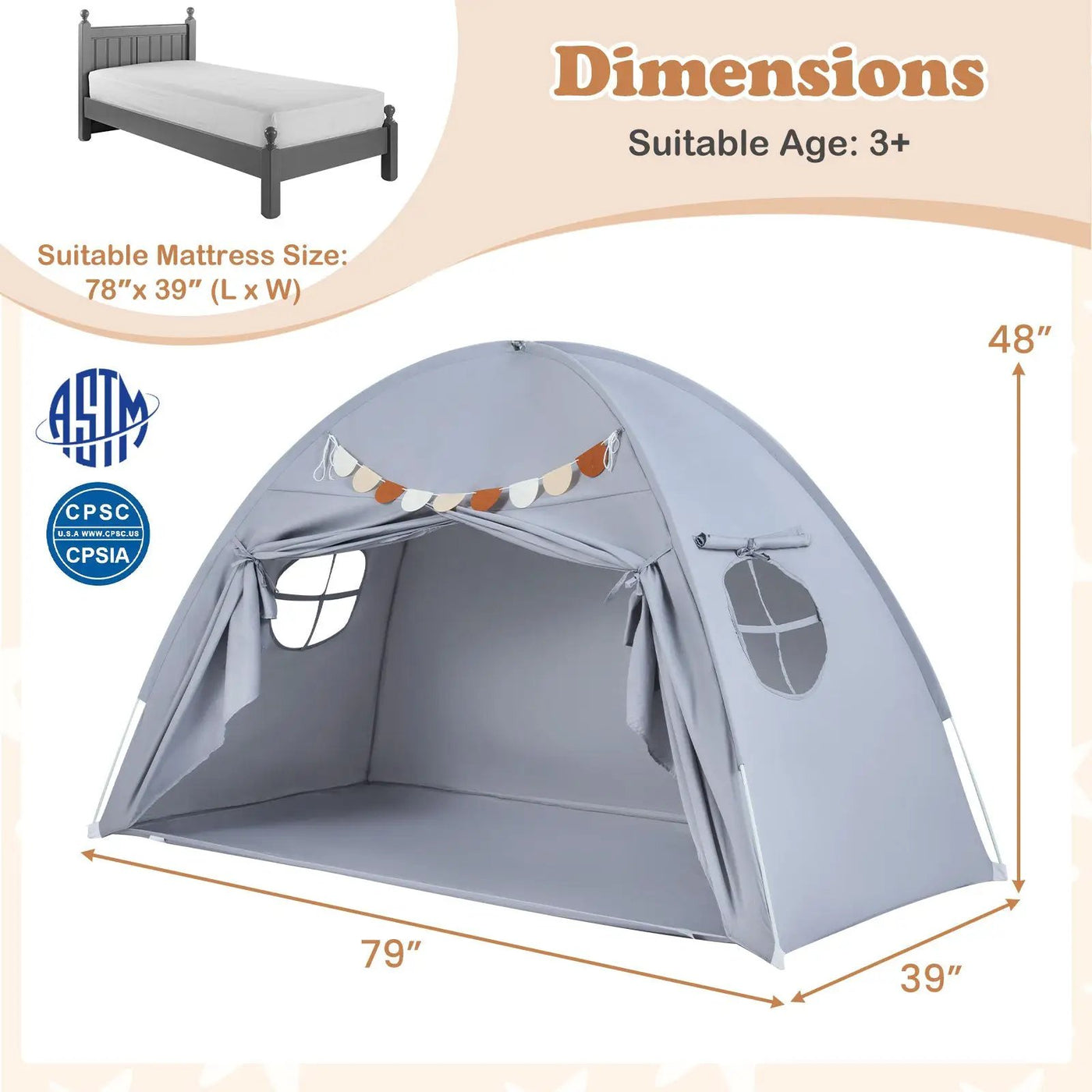 Twin Size Indoor Canopy Tent for Kids with 2 Window and Suits 3+ by DirectDeals