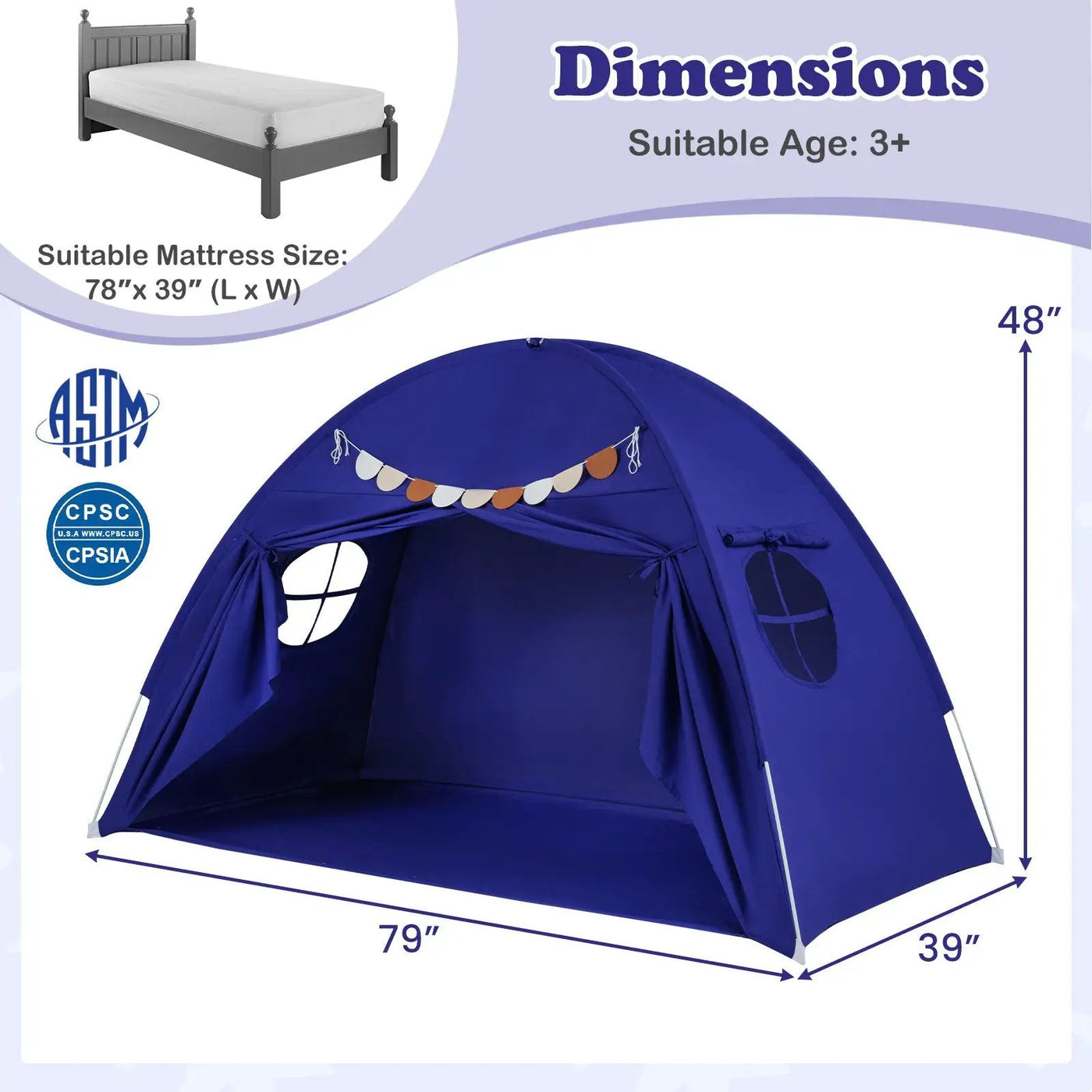 Twin Size Indoor Canopy Tent for Kids with 2 Window and Suits 3+ by DirectDeals