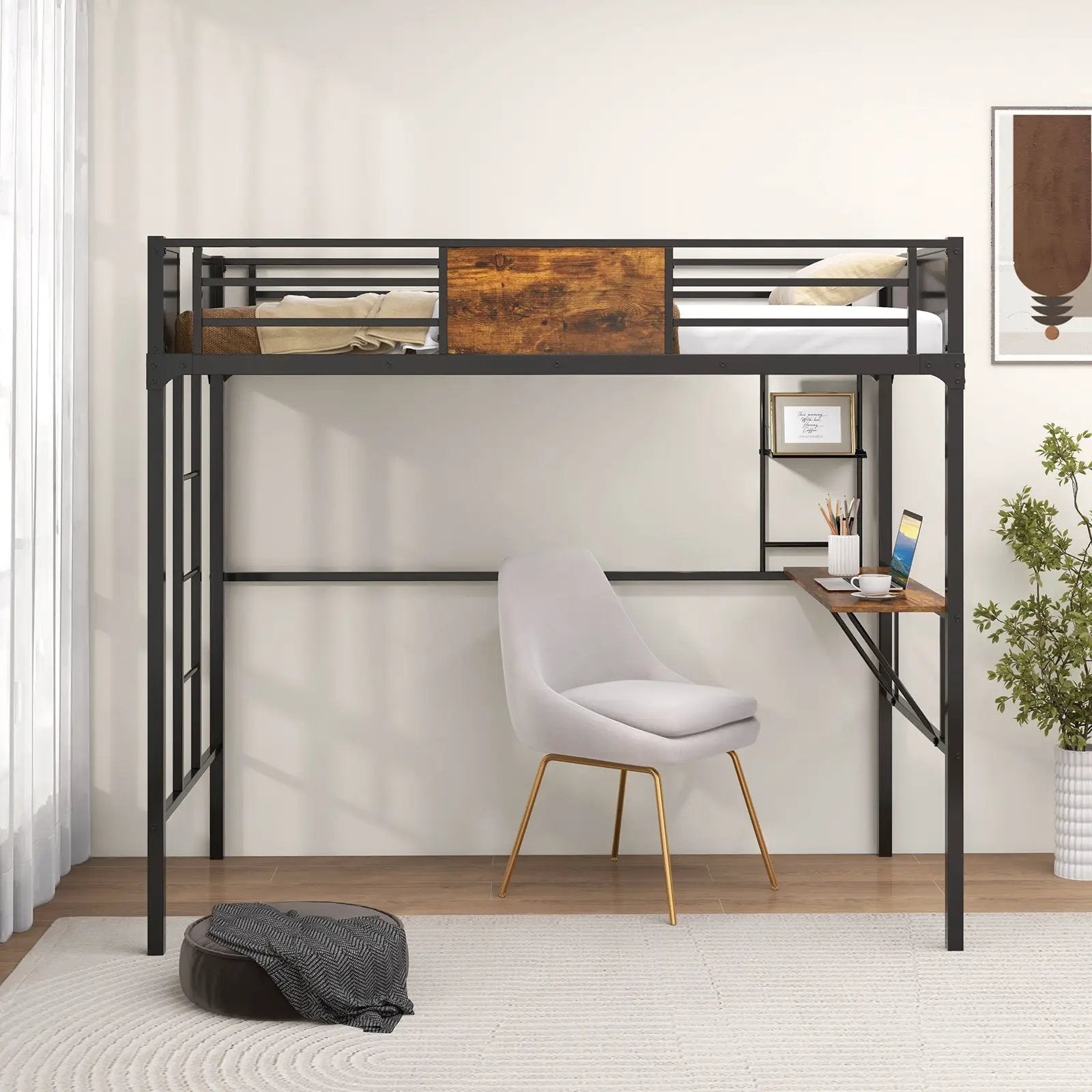Twin Size Industrial Metal Loft Bed with Desk Storage Shelf and Build-in Ladder-Twin Size by DirectDeals