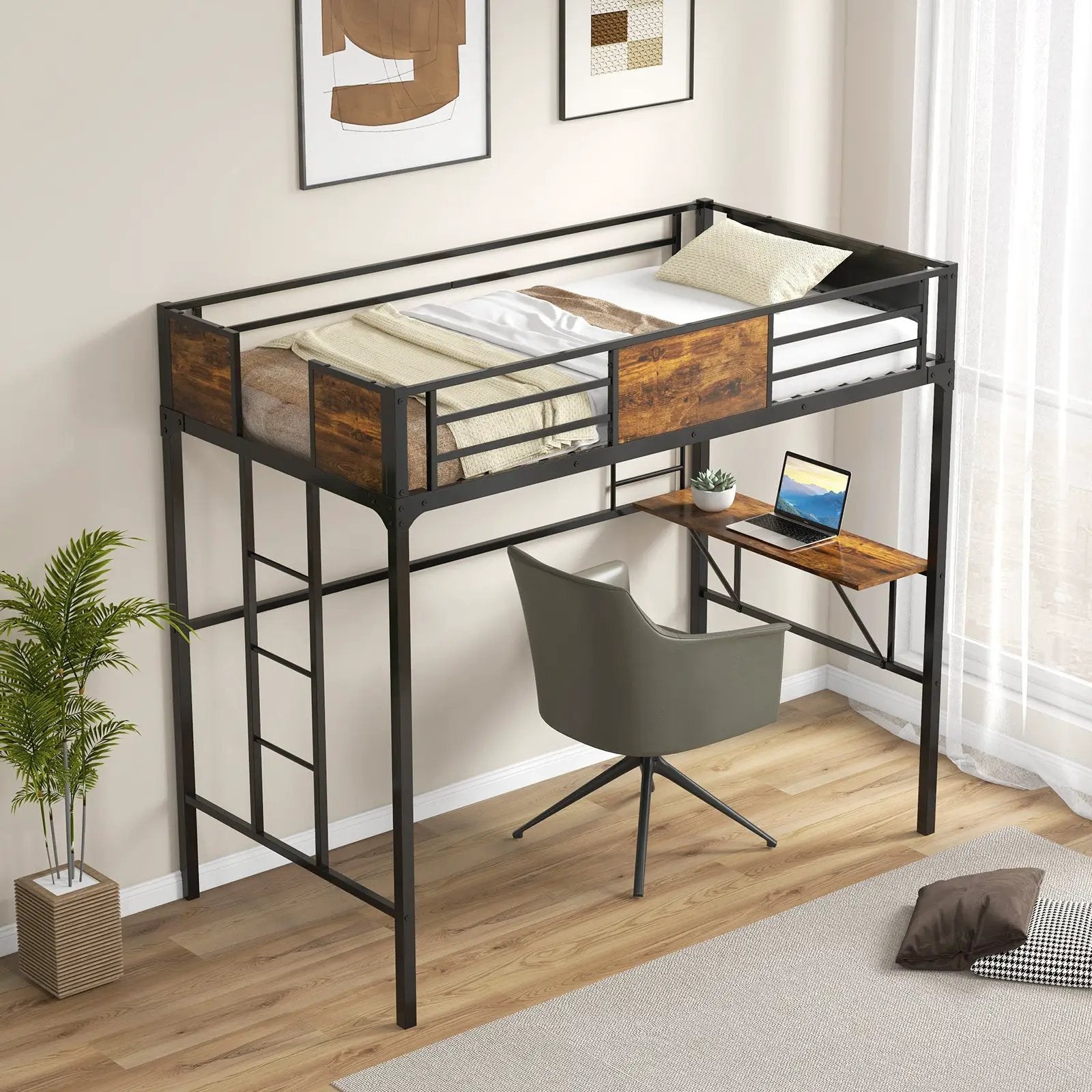 Twin Size Industrial Metal Loft Bed with Desk Storage Shelf and Build-in Ladder-Twin Size by DirectDeals