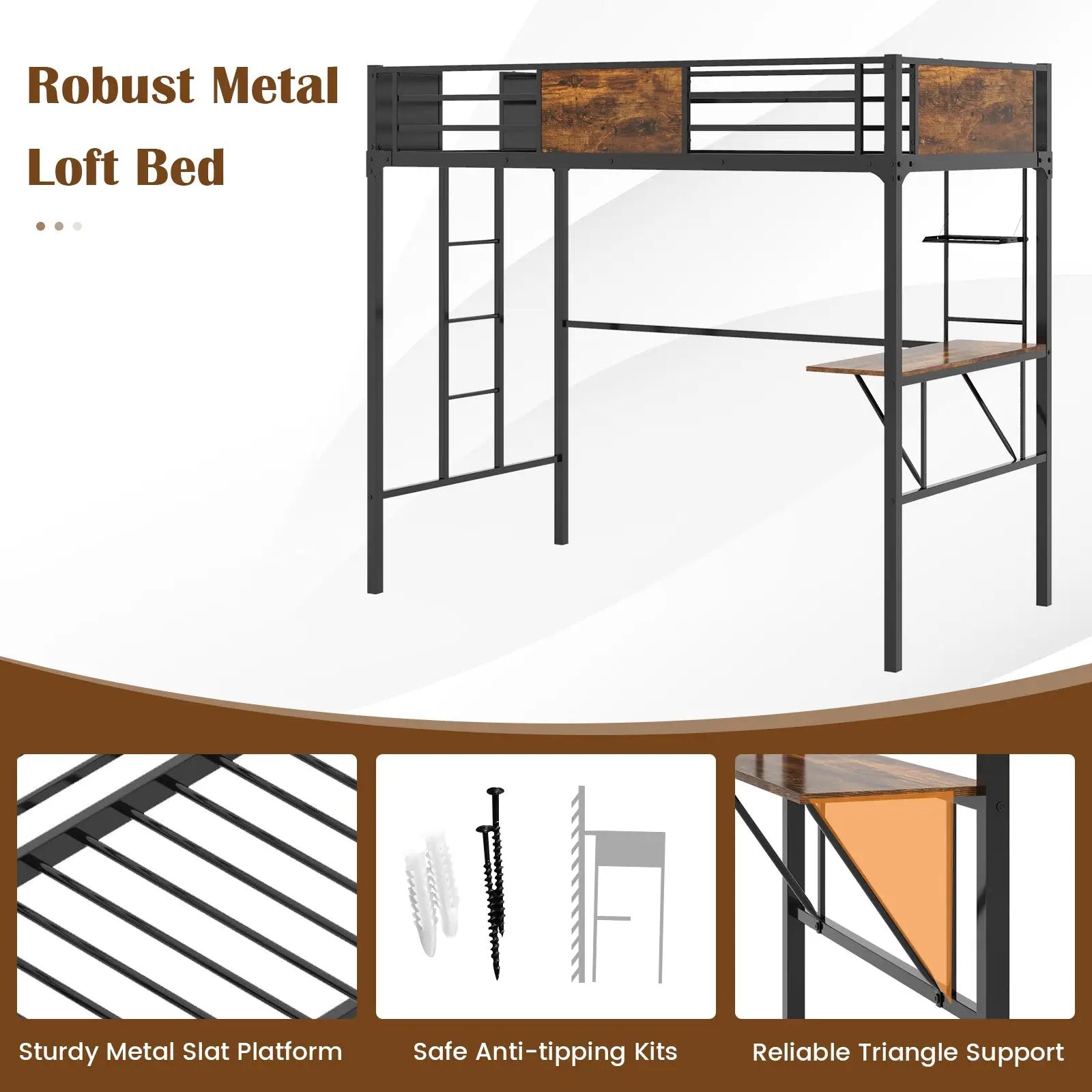 Twin Size Industrial Metal Loft Bed with Desk Storage Shelf and Build-in Ladder-Twin Size by DirectDeals