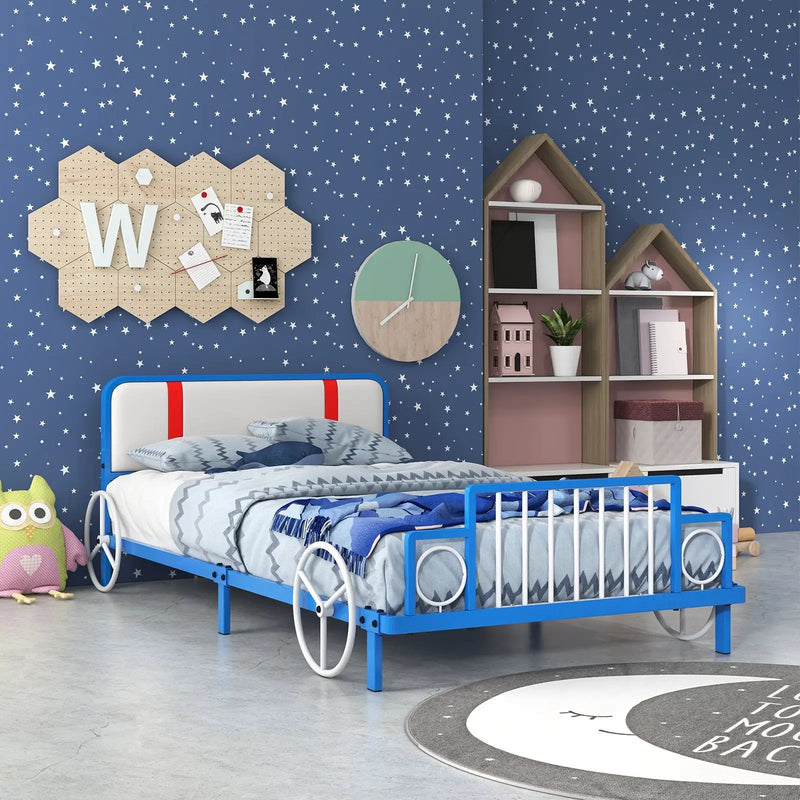 Twin Size Kids Bed Frame Car Shaped Metal Platform Bed with Upholstered Headboard by DirectDeals