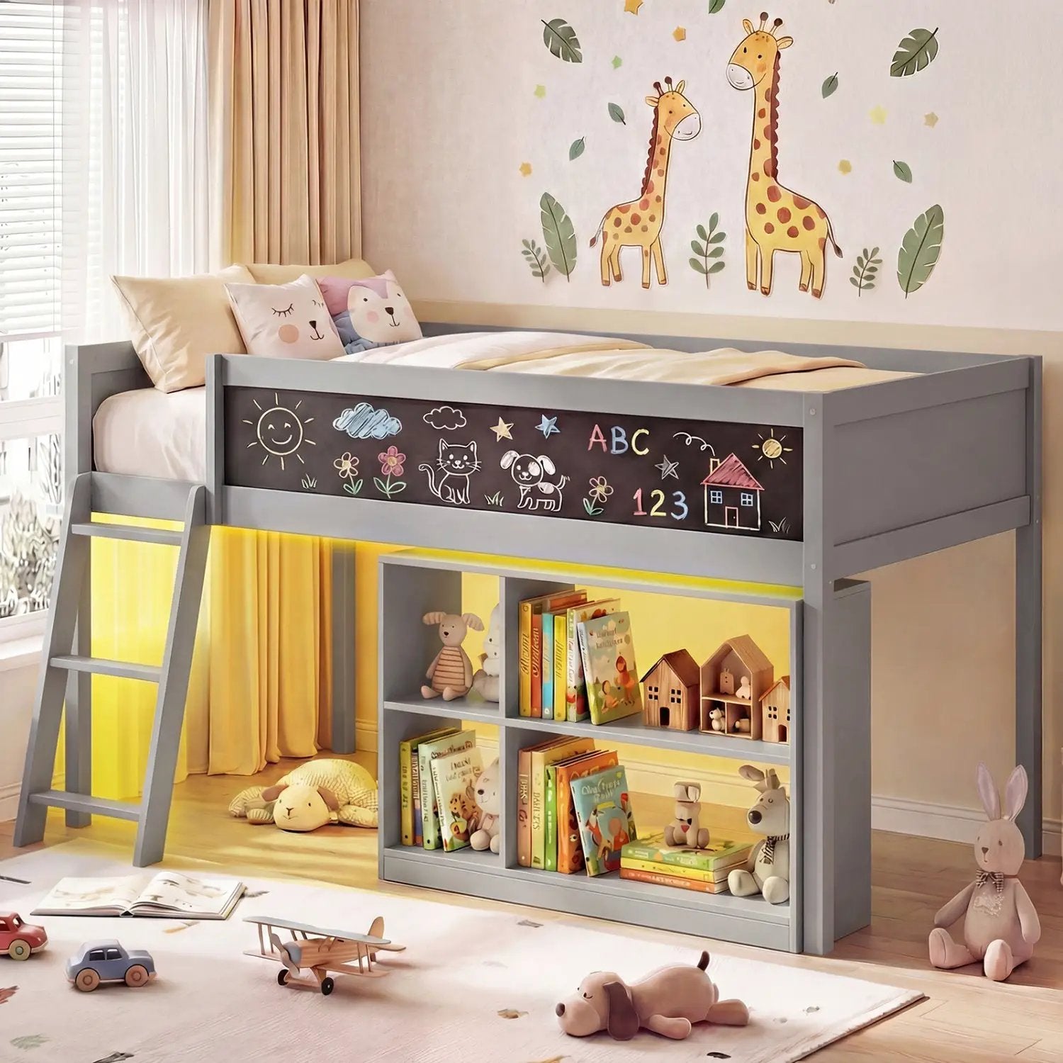 Twin Size Kids Loft Bed with LED Lights and Removable Bookcase by DirectDeals