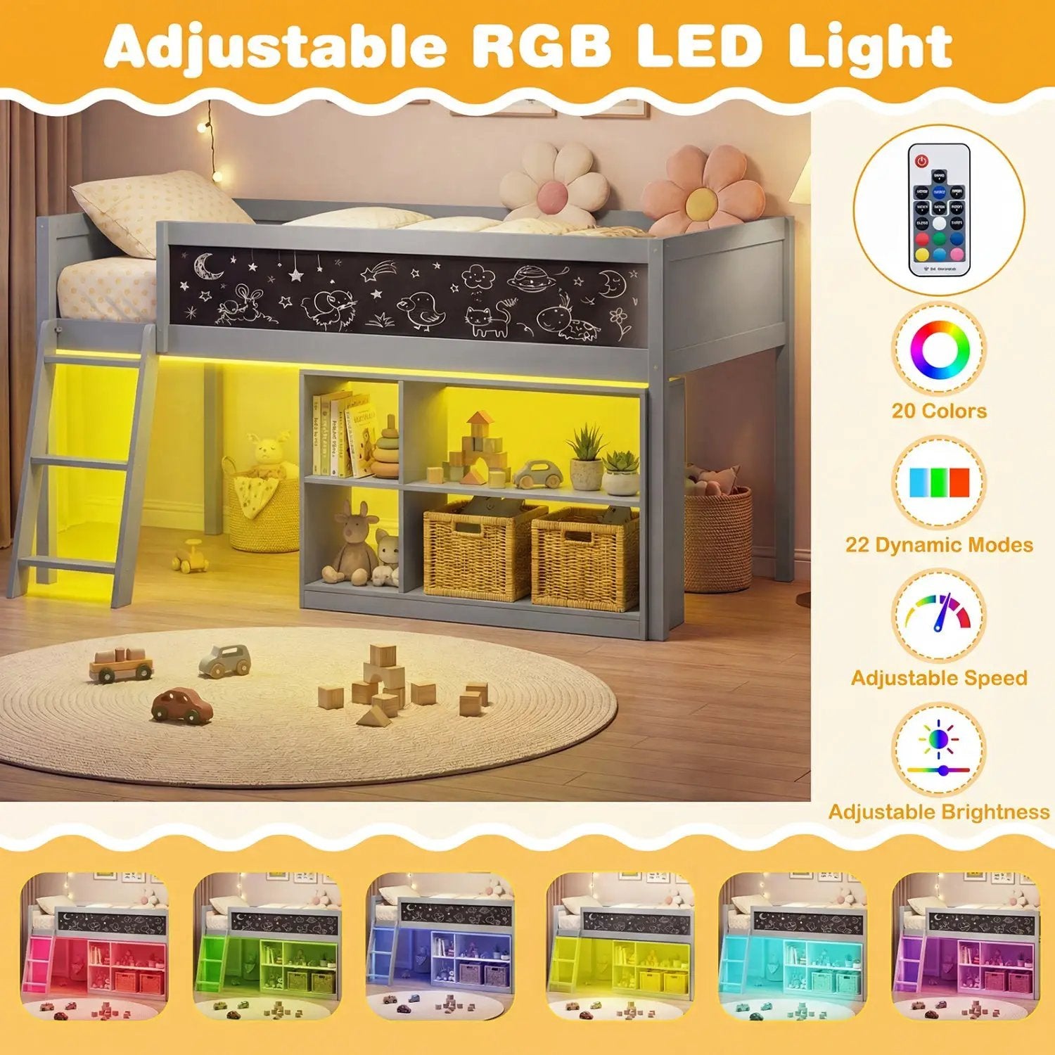 Twin Size Kids Loft Bed with LED Lights and Removable Bookcase by DirectDeals
