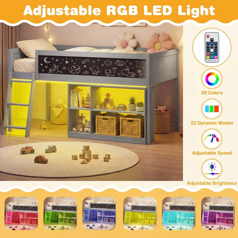 Twin Size Kids Loft Bed with LED Lights and Removable Bookcase by DirectDeals