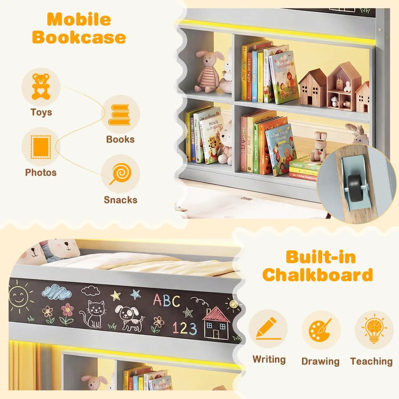 Twin Size Kids Loft Bed with LED Lights and Removable Bookcase by DirectDeals