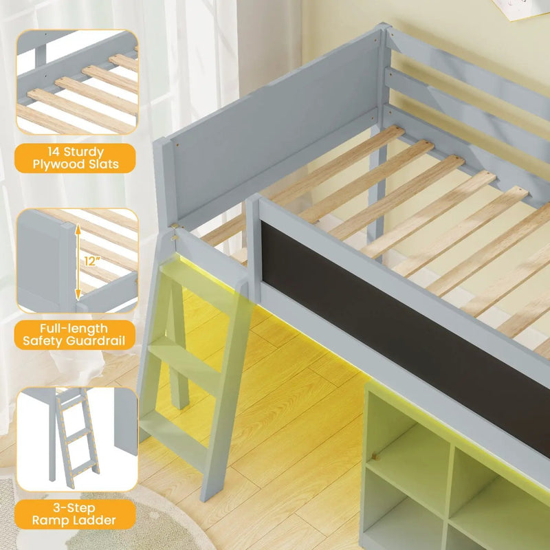 Twin Size Kids Loft Bed with LED Lights and Removable Bookcase by DirectDeals