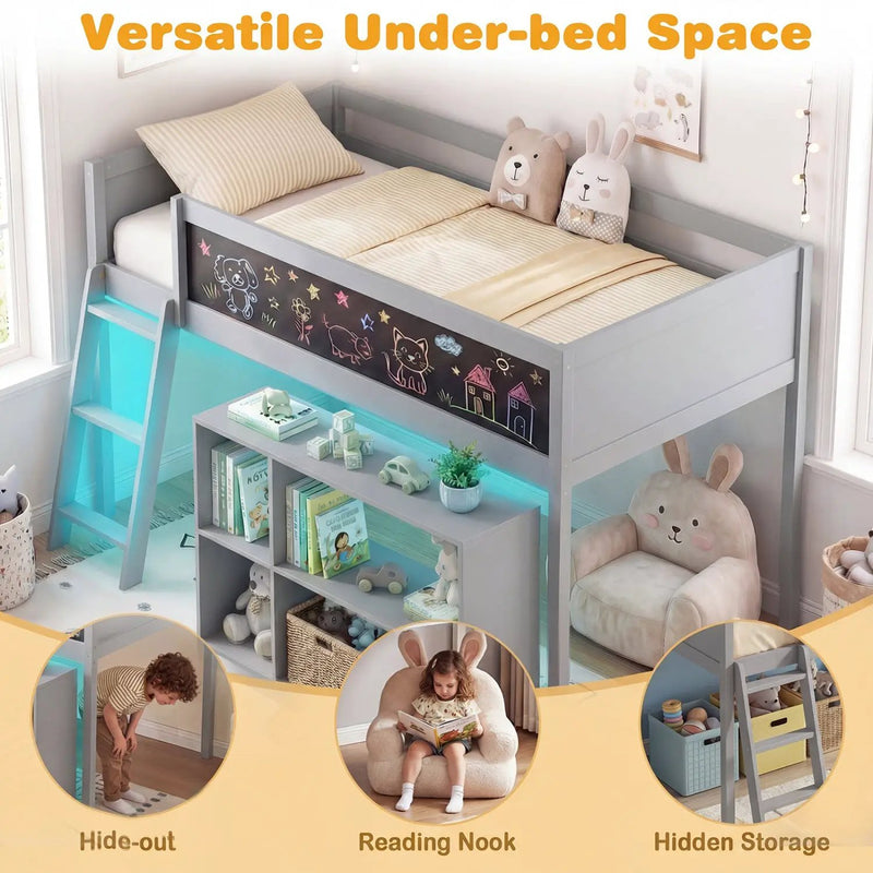 Twin Size Kids Loft Bed with LED Lights and Removable Bookcase by DirectDeals