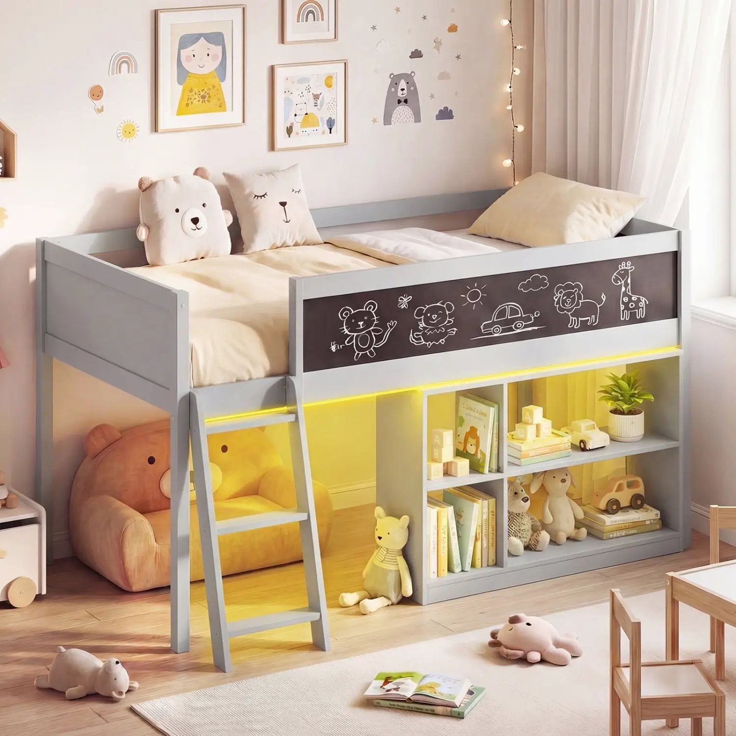 Twin Size Kids Loft Bed with LED Lights and Removable Bookcase by DirectDeals