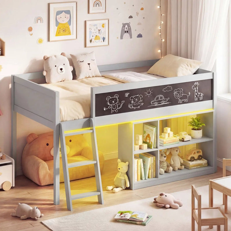 Twin Size Kids Loft Bed with LED Lights and Removable Bookcase by DirectDeals