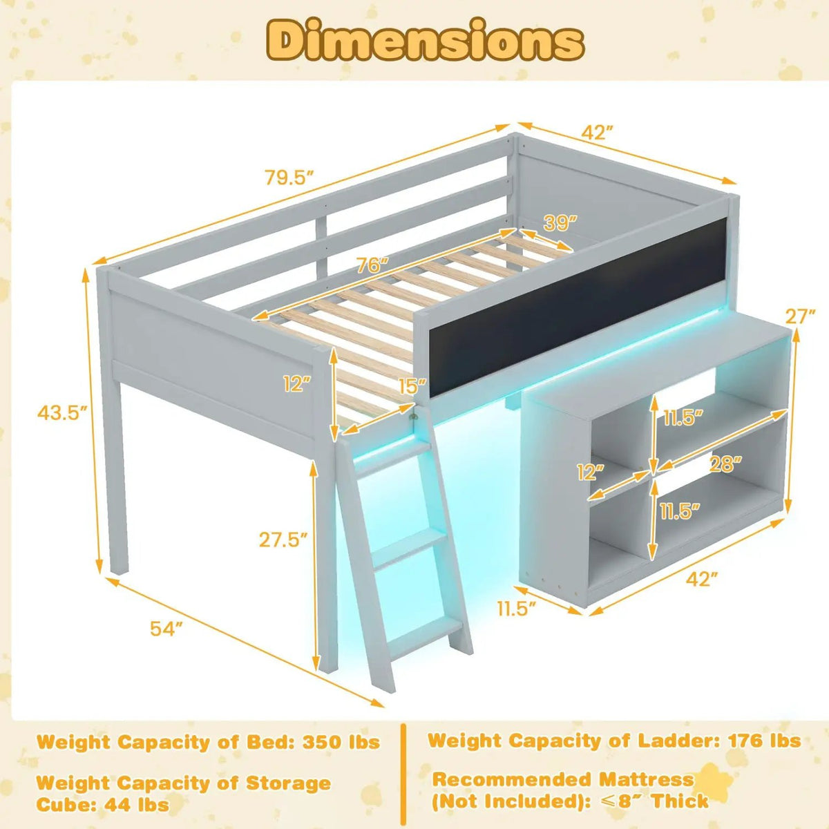 Twin Size Kids Loft Bed with LED Lights and Removable Bookcase by DirectDeals