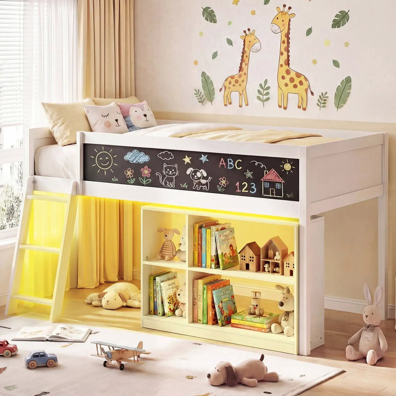 Twin Size Kids Loft Bed with LED Lights and Removable Bookcase by DirectDeals