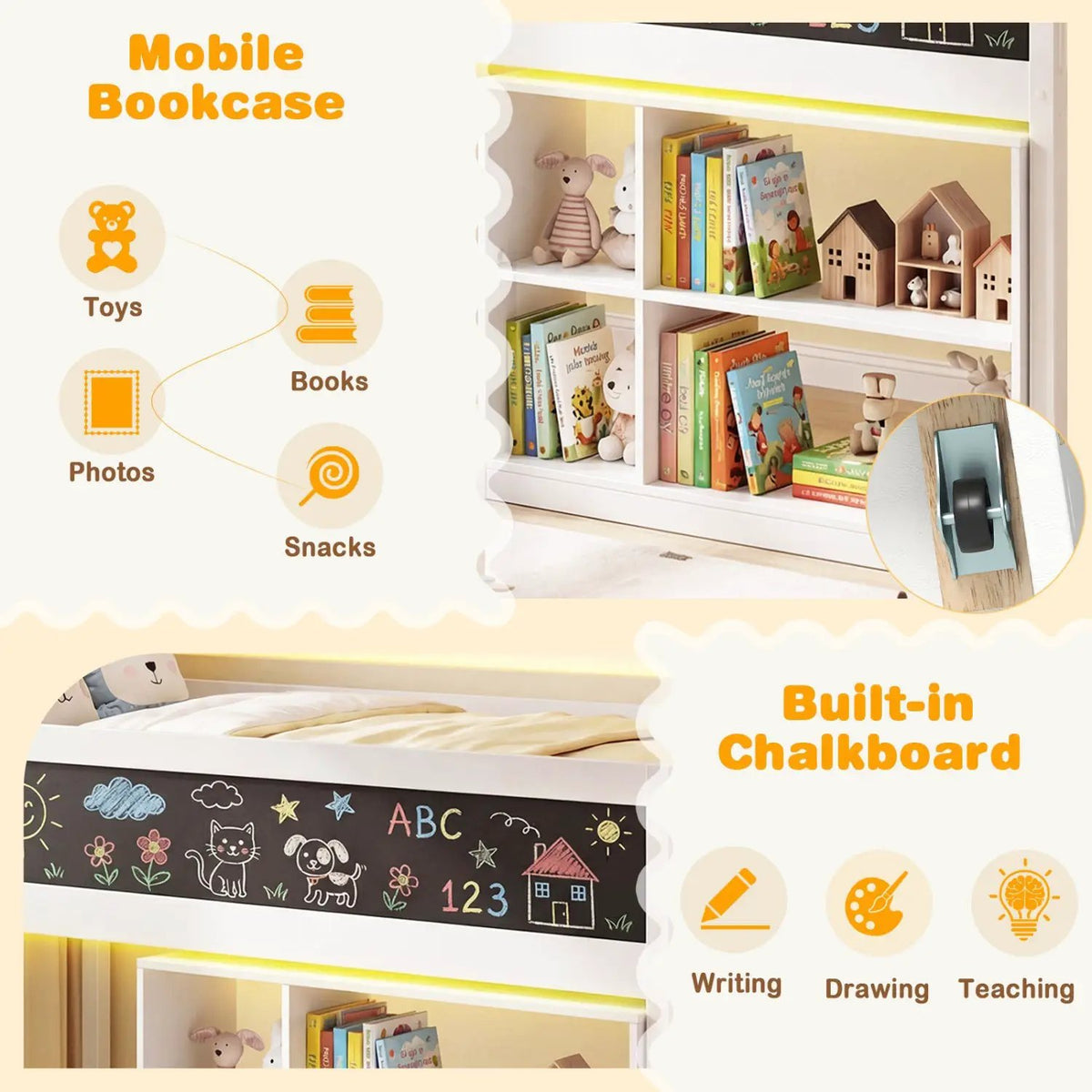 Twin Size Kids Loft Bed with LED Lights and Removable Bookcase by DirectDeals