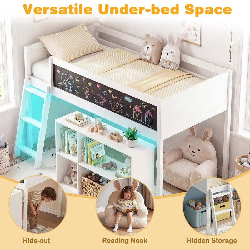Twin Size Kids Loft Bed with LED Lights and Removable Bookcase by DirectDeals