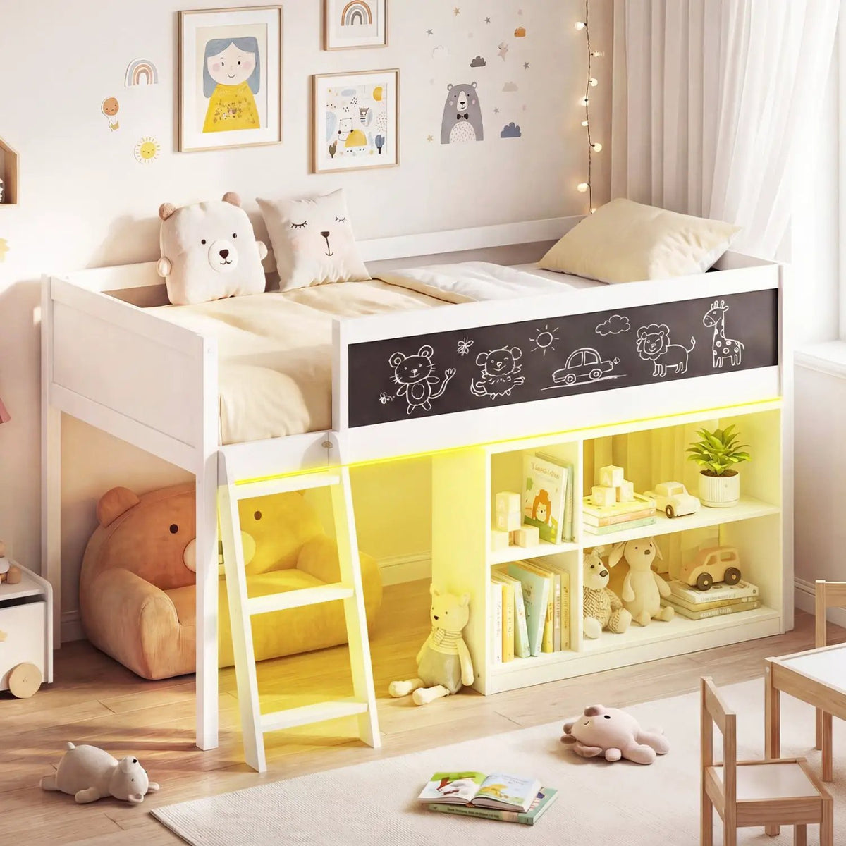 Twin Size Kids Loft Bed with LED Lights and Removable Bookcase by DirectDeals