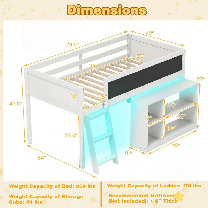 Twin Size Kids Loft Bed with LED Lights and Removable Bookcase by DirectDeals