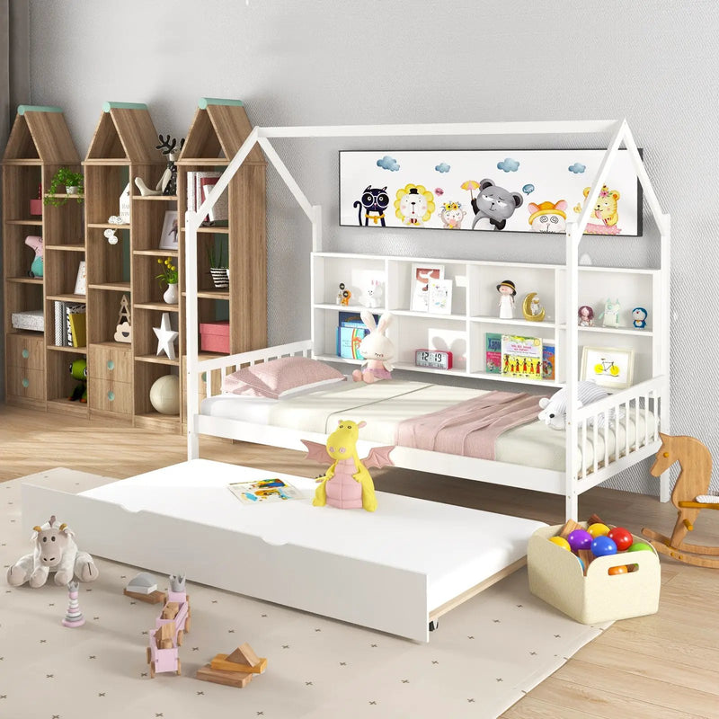 Twin Size Kids Montessori Daybed with Roof and Shelf Compartments-White by DirectDeals