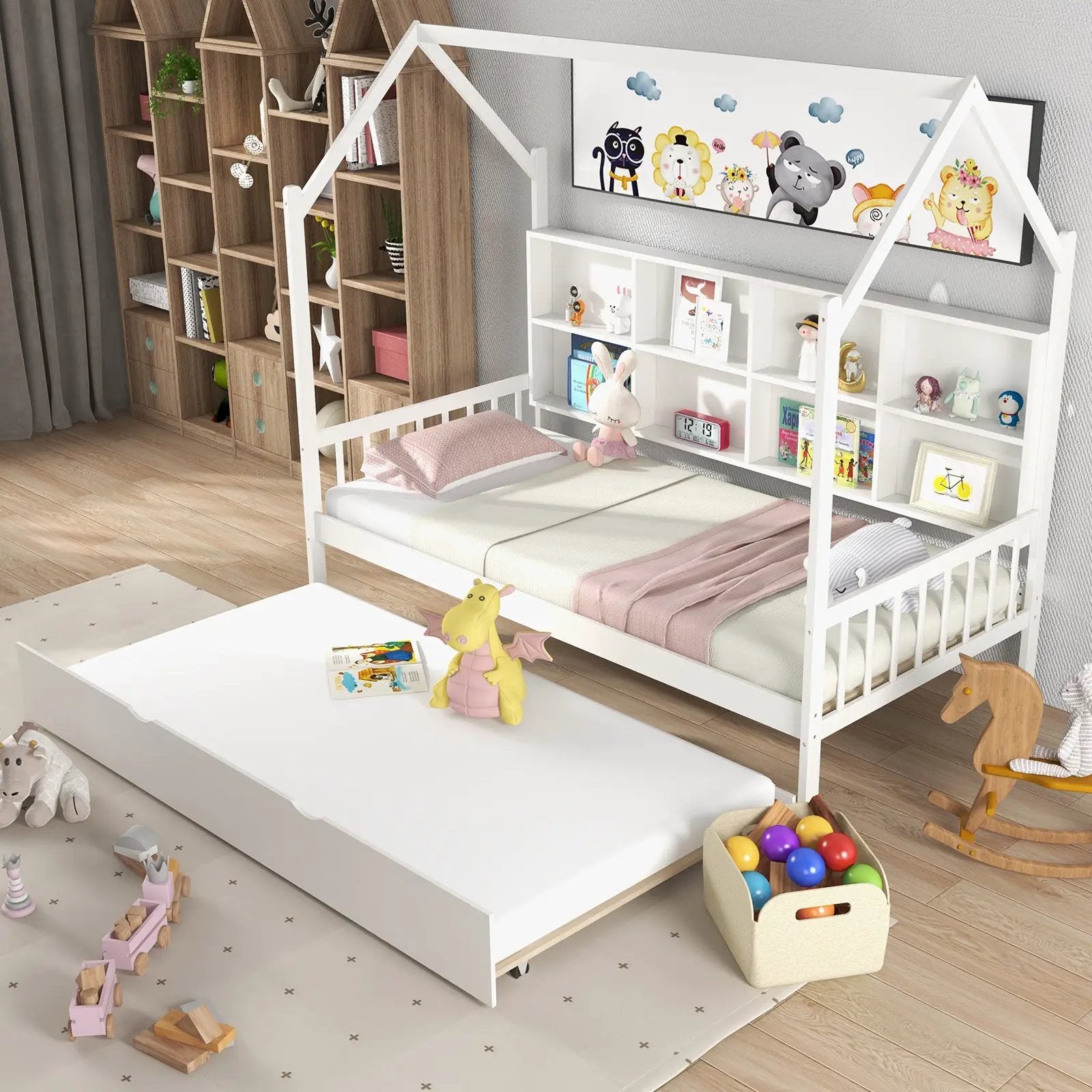 Twin Size Kids Montessori Daybed with Roof and Shelf Compartments-White by DirectDeals